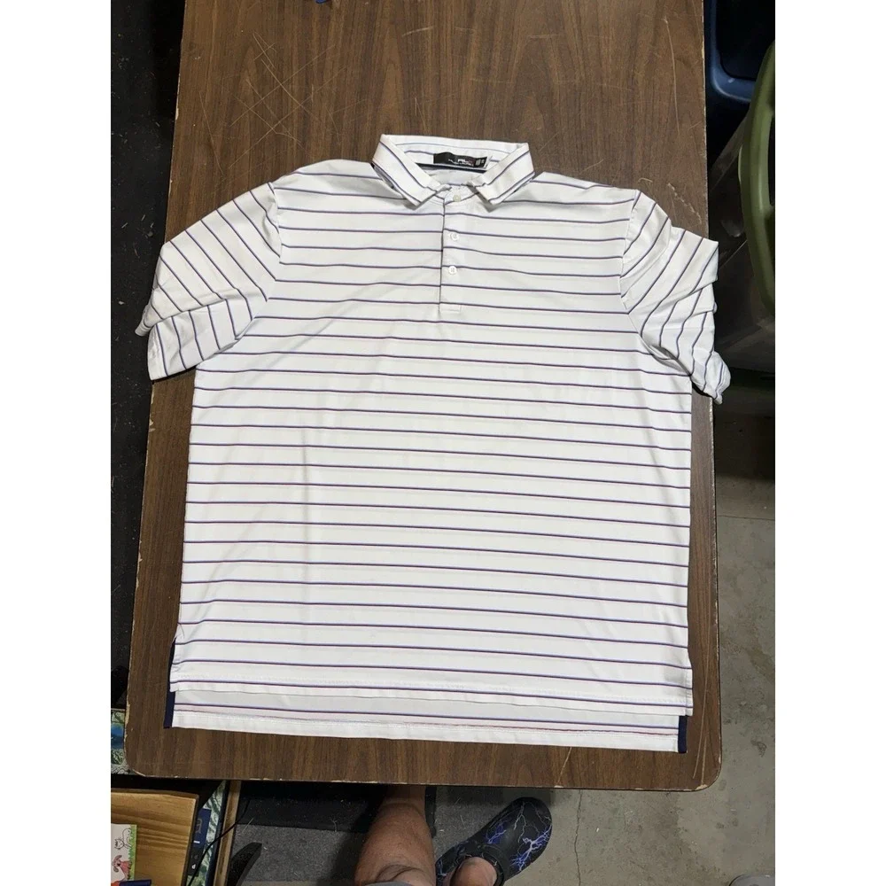 RLX Ralph Lauren Polo Golf Shirt Men 2XL White Striped Performance Stretch